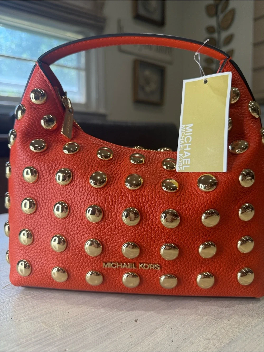 Michael Kors Ember Red Clay Studded Leather Crossbody Hobo